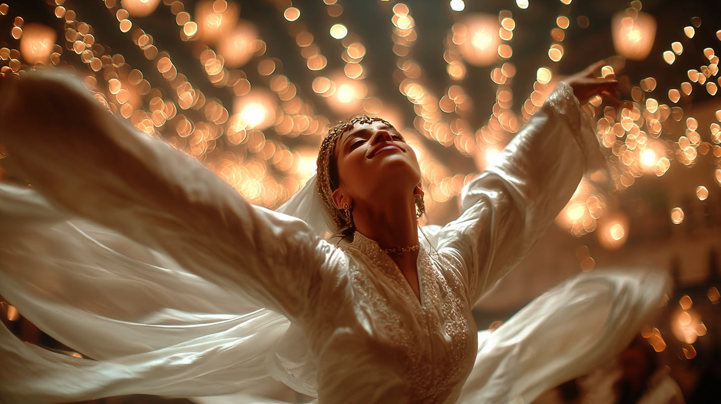 Close-up of a Sufi dancer spinning during a festival.