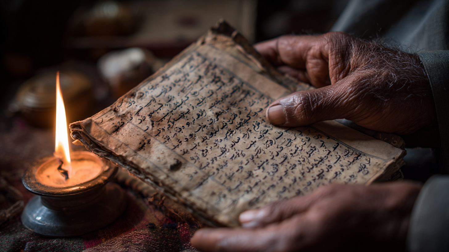 Hands holding an old book of Sufi poetry.