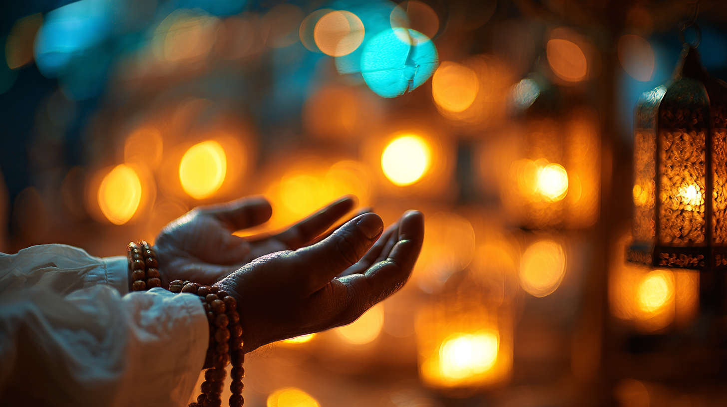 Close-up of hands holding Sufi prayer beads.