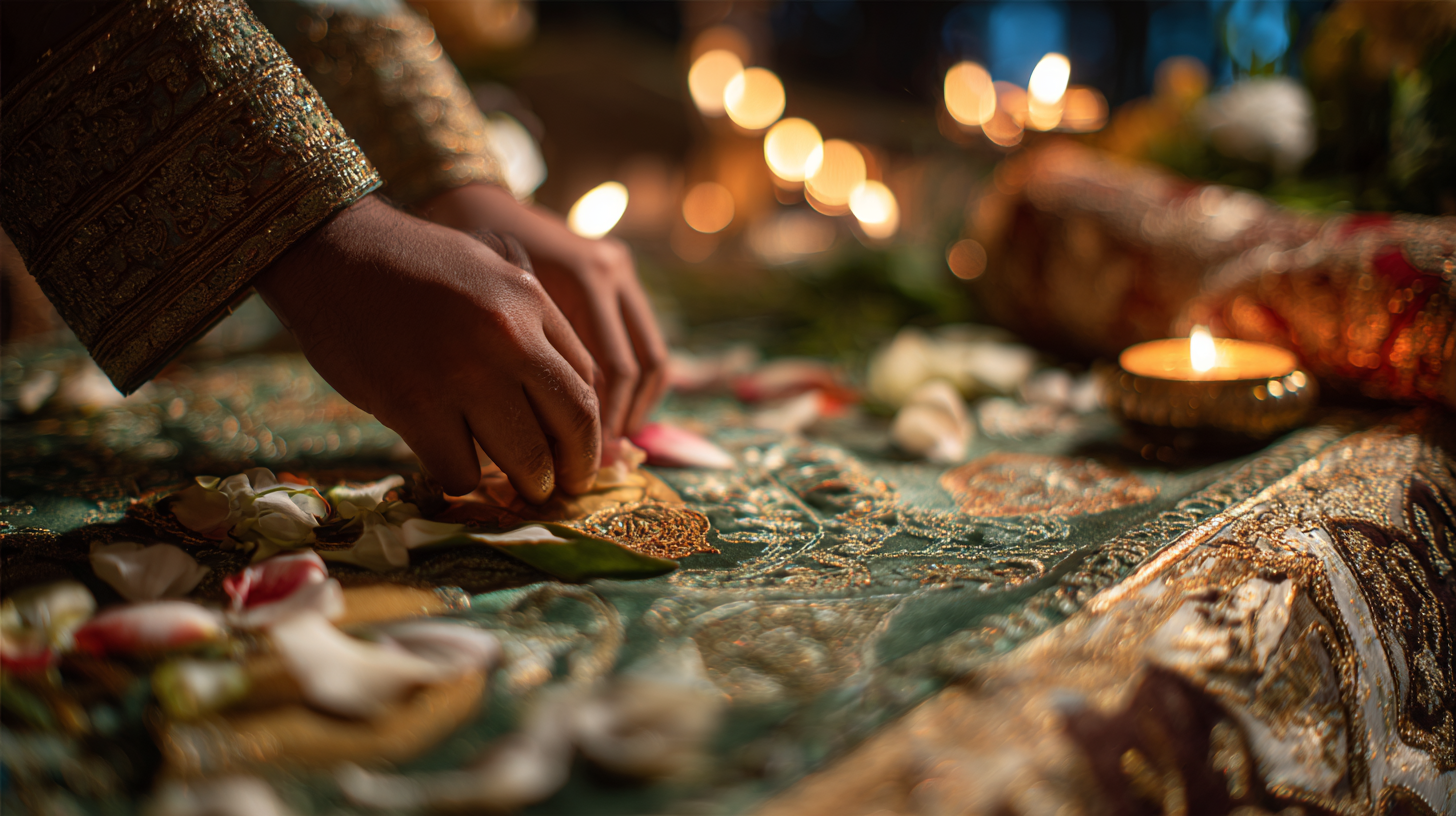 Hands placing rose petals on a Sufi shrine offering cloth.
