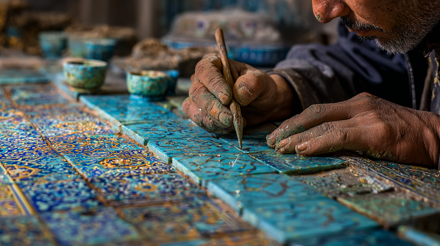 Close-up of an artisan restoring turquoise shrine tiles.