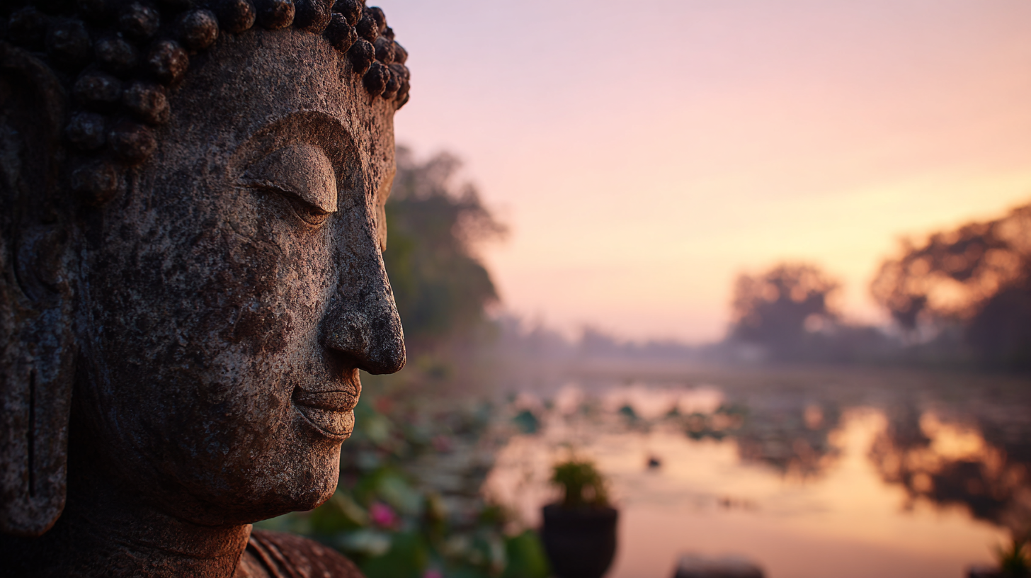 Close-up Buddha silhouette in Sukhothai dawn light.