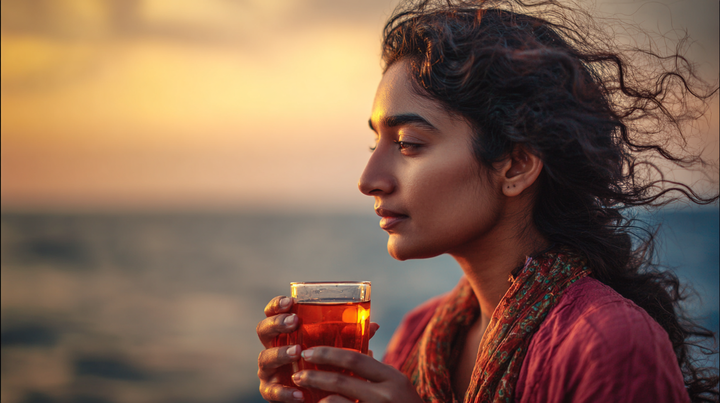 Close-up of a person holding Sulaimani chai by the coast.