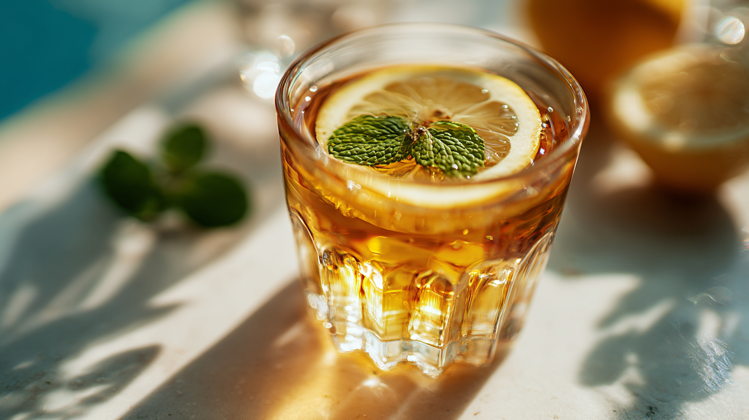 Close-up of Sulaimani chai with lemon and mint.