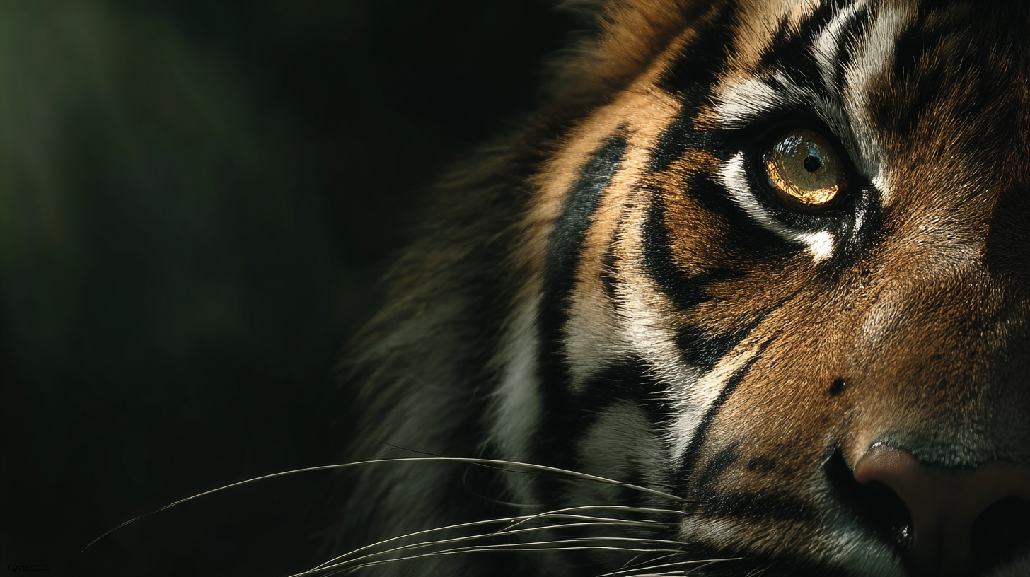 Close-up of a Sumatran tiger’s eye emerging from shadow.