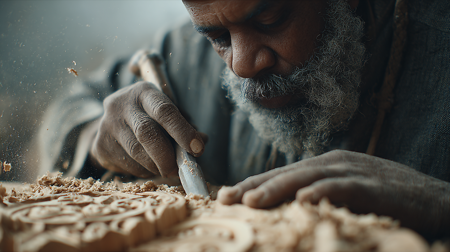 Swati woodcarver shaping cedar wood with a chisel.
