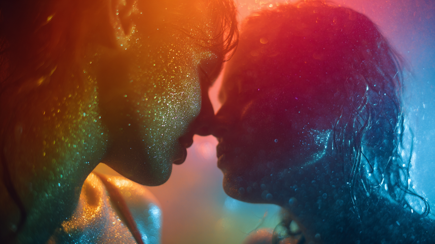 Close-up of dancers in vibrant rainbow festival lighting.