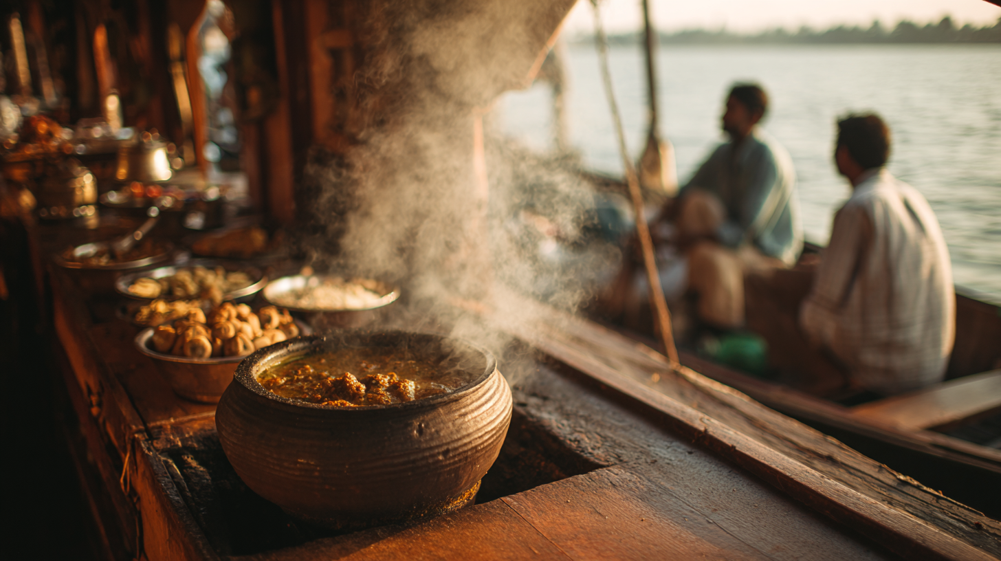 Close-up of curry simmering in a clay pot at a local floating market.