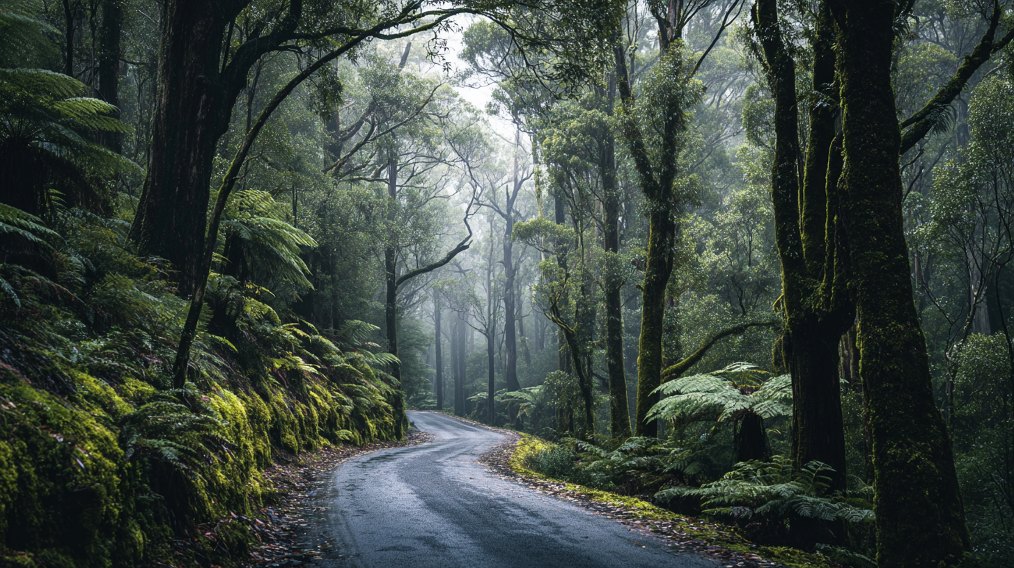 Misty forest road winding through tall Tasmanian trees.