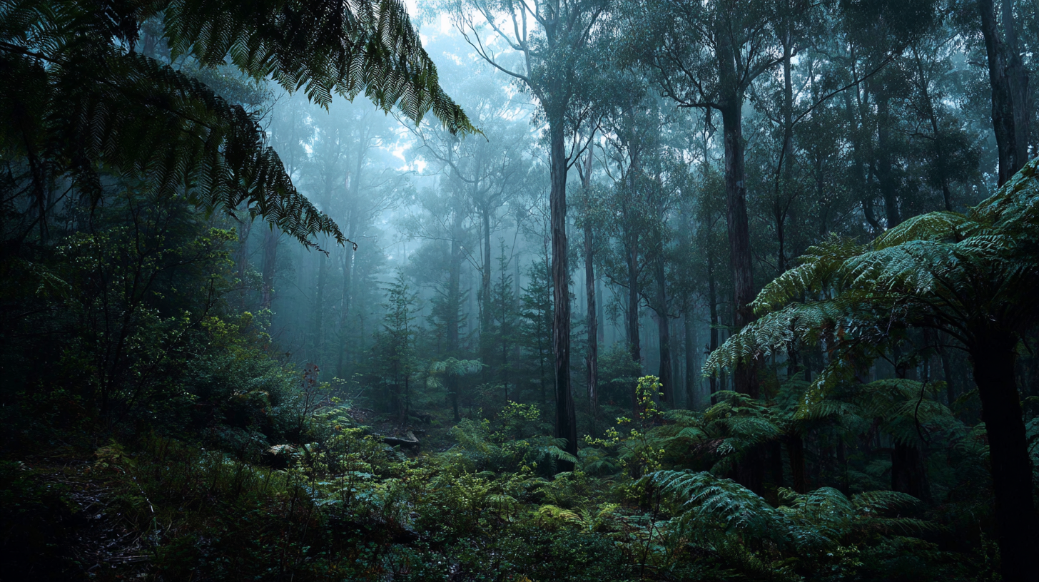 Mist drifting through a dense Tasmanian forest.