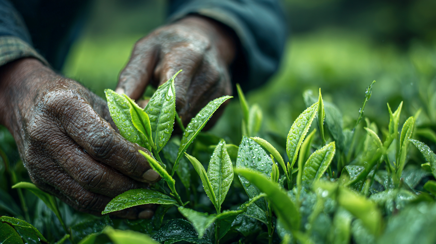Close-up of hands plucking tea leaves in Pakistan.