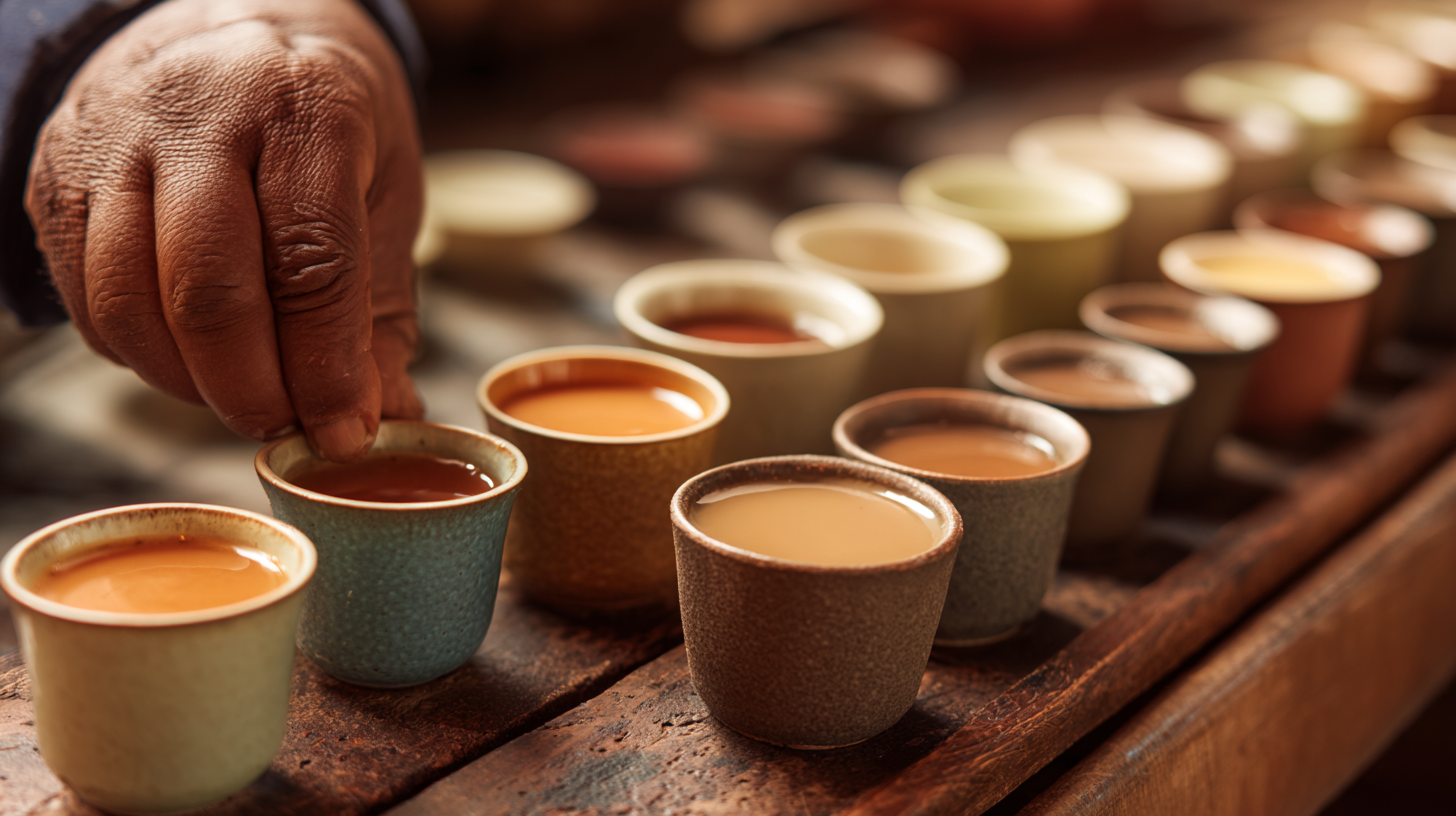 Close-up of tasting cups used for tea sampling.