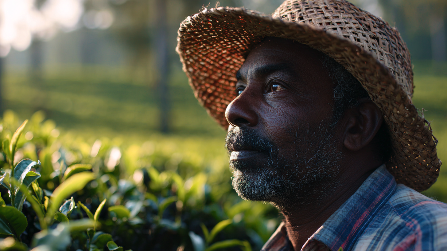 Close-up portrait of a tea plantation worker.