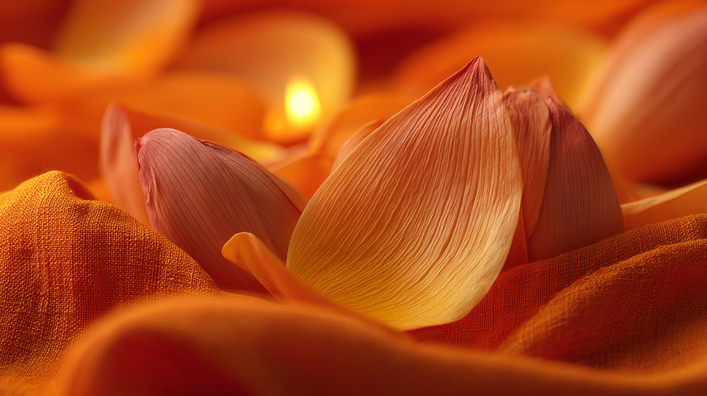 Close-up of lotus petals, saffron cloth, and candlelight blended together.