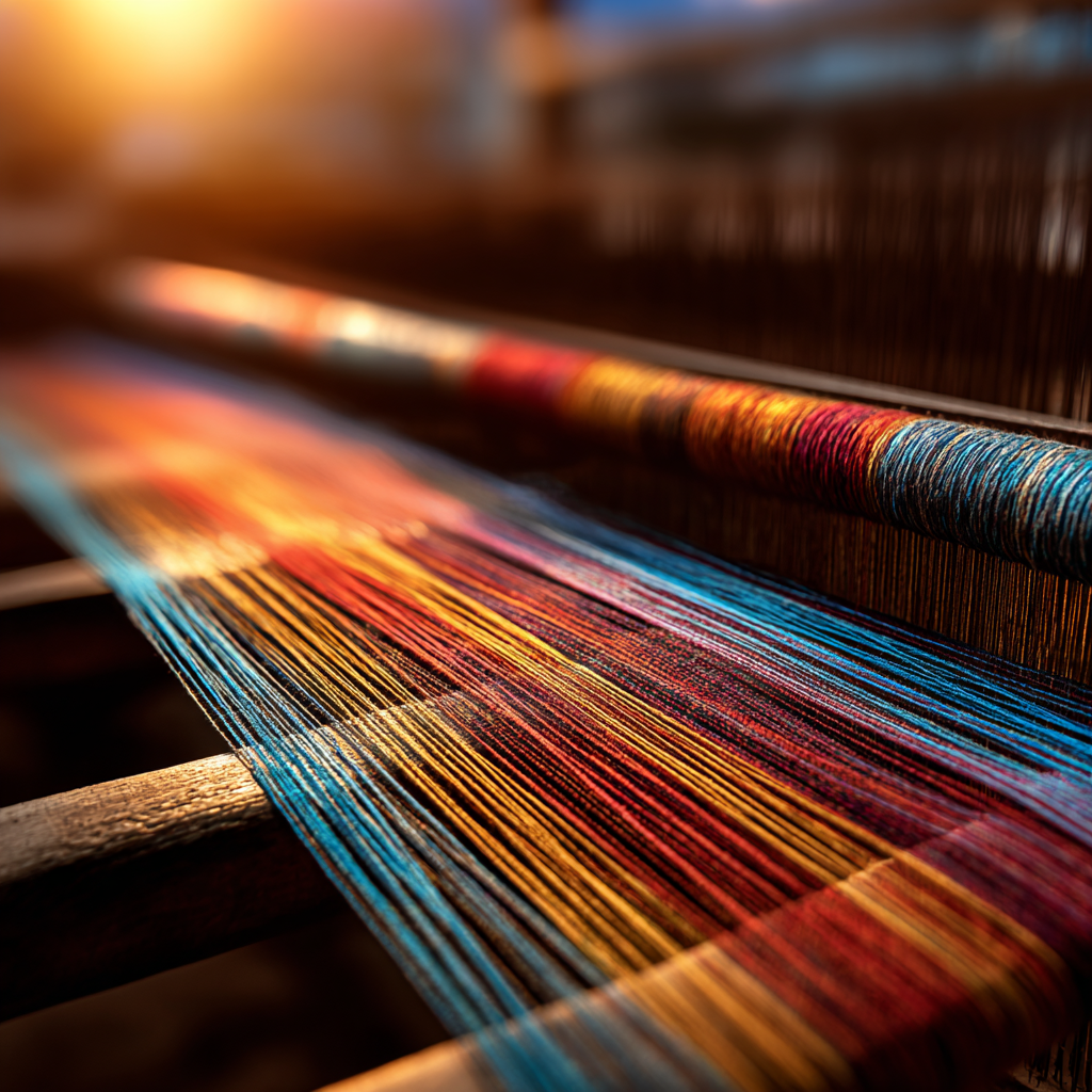 Close-up of glowing colorful threads on a Thai loom.