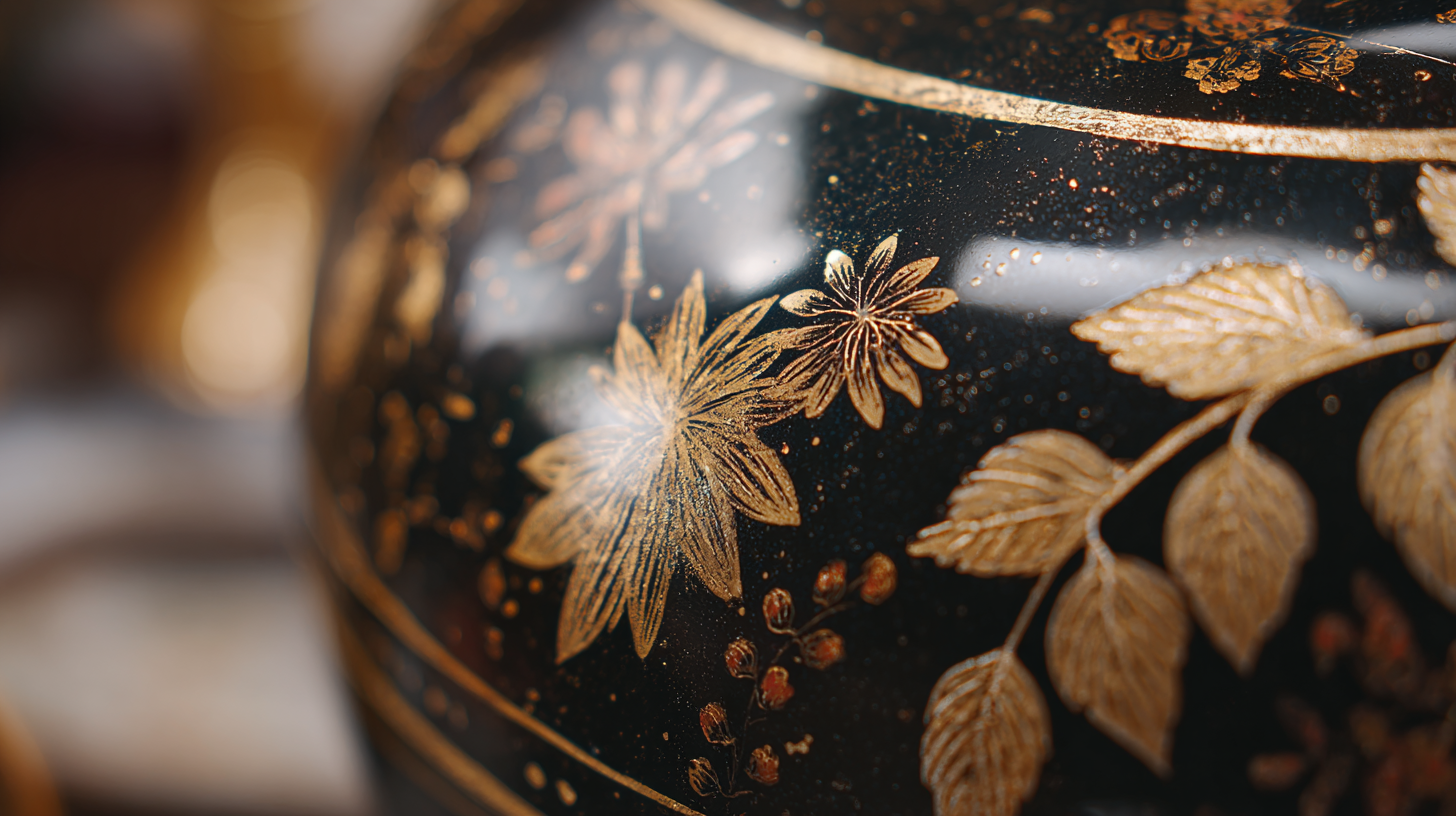 Close-up of Thai lacquerware with gold leaf decoration.