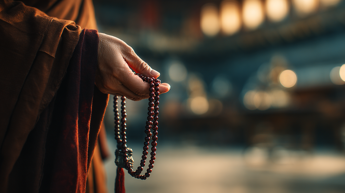 Close-up of monk holding prayer beads in soft temple light.