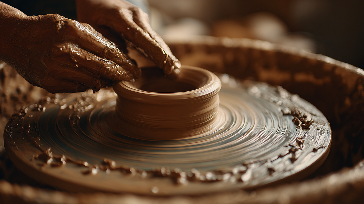 Close-up of wet clay forming on a potter’s wheel.