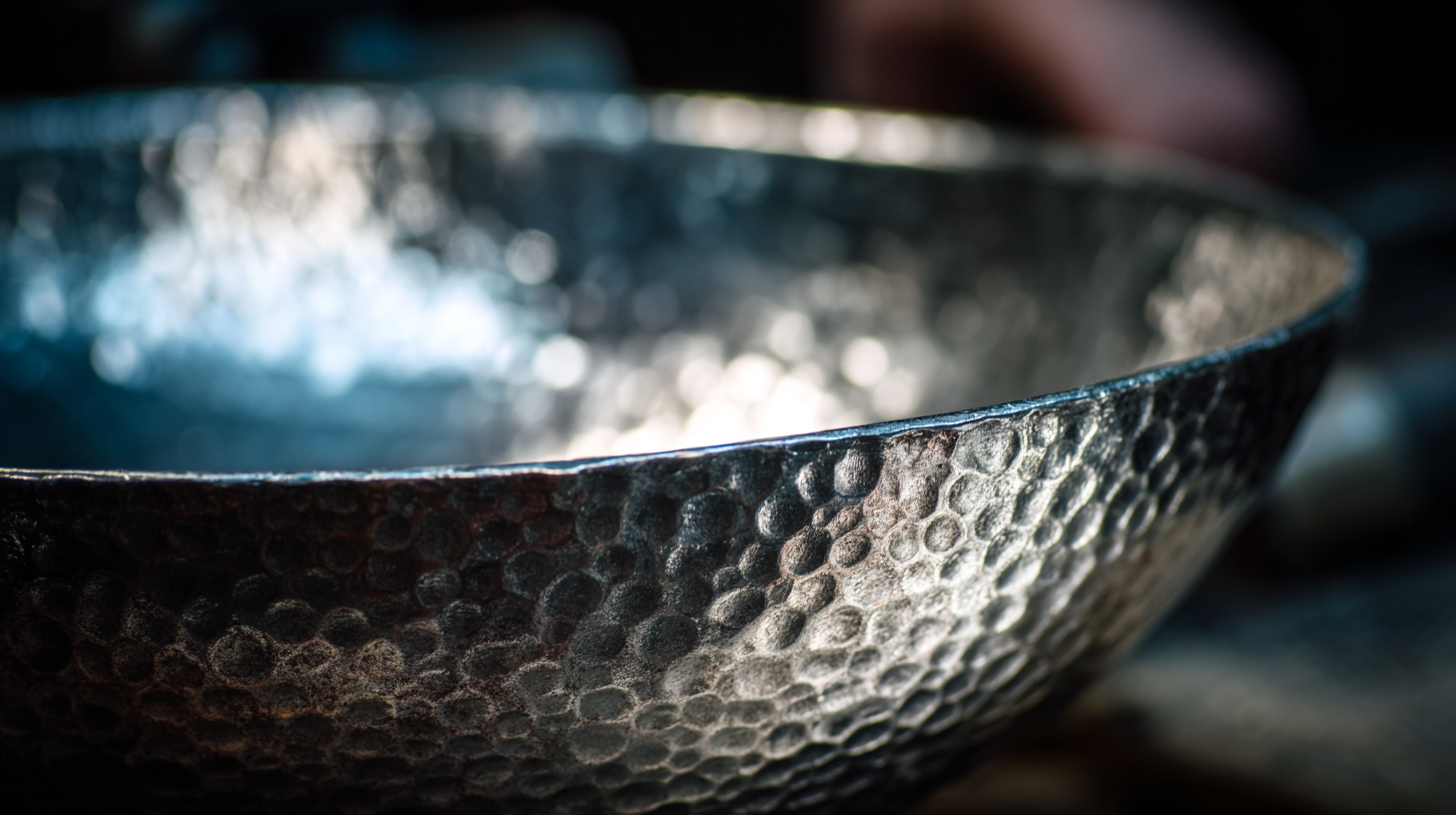 Close-up of hammered Thai silver bowl with artisan silhouette.