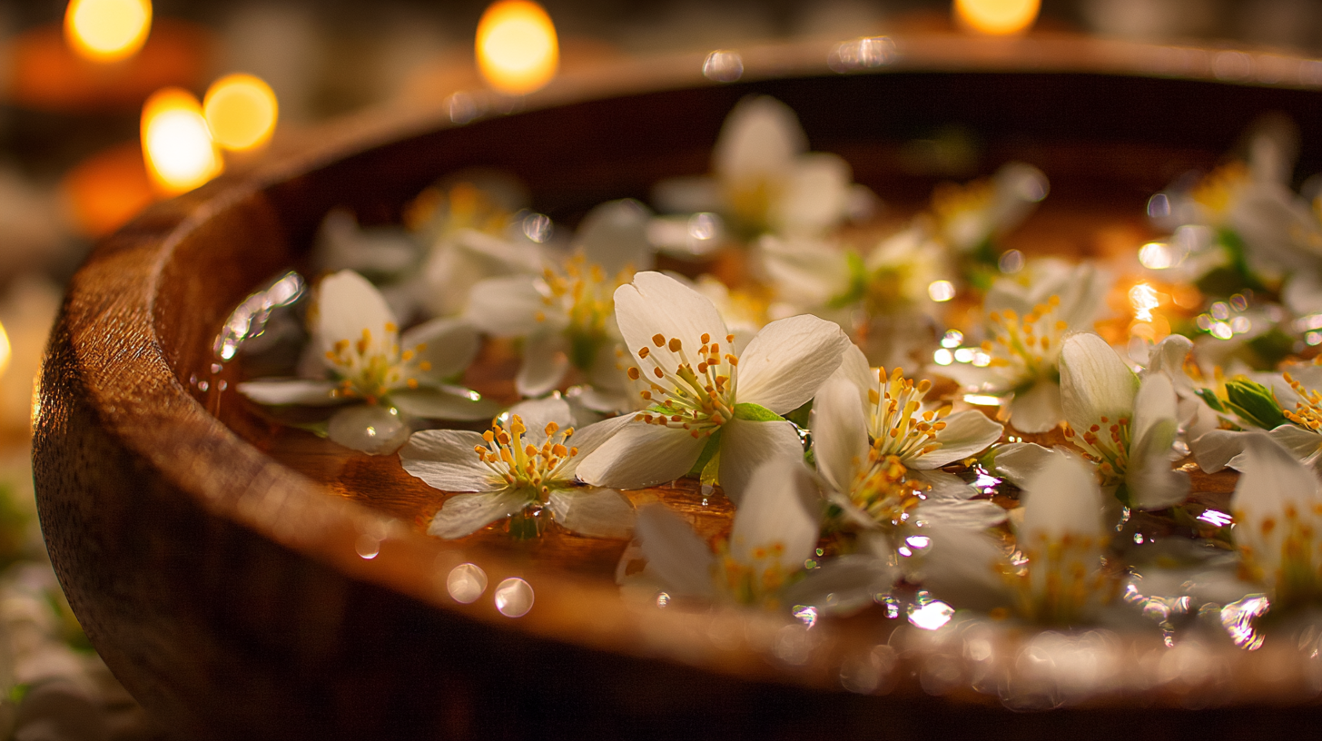 Close-up of jasmine flowers floating in softly lit spa water.