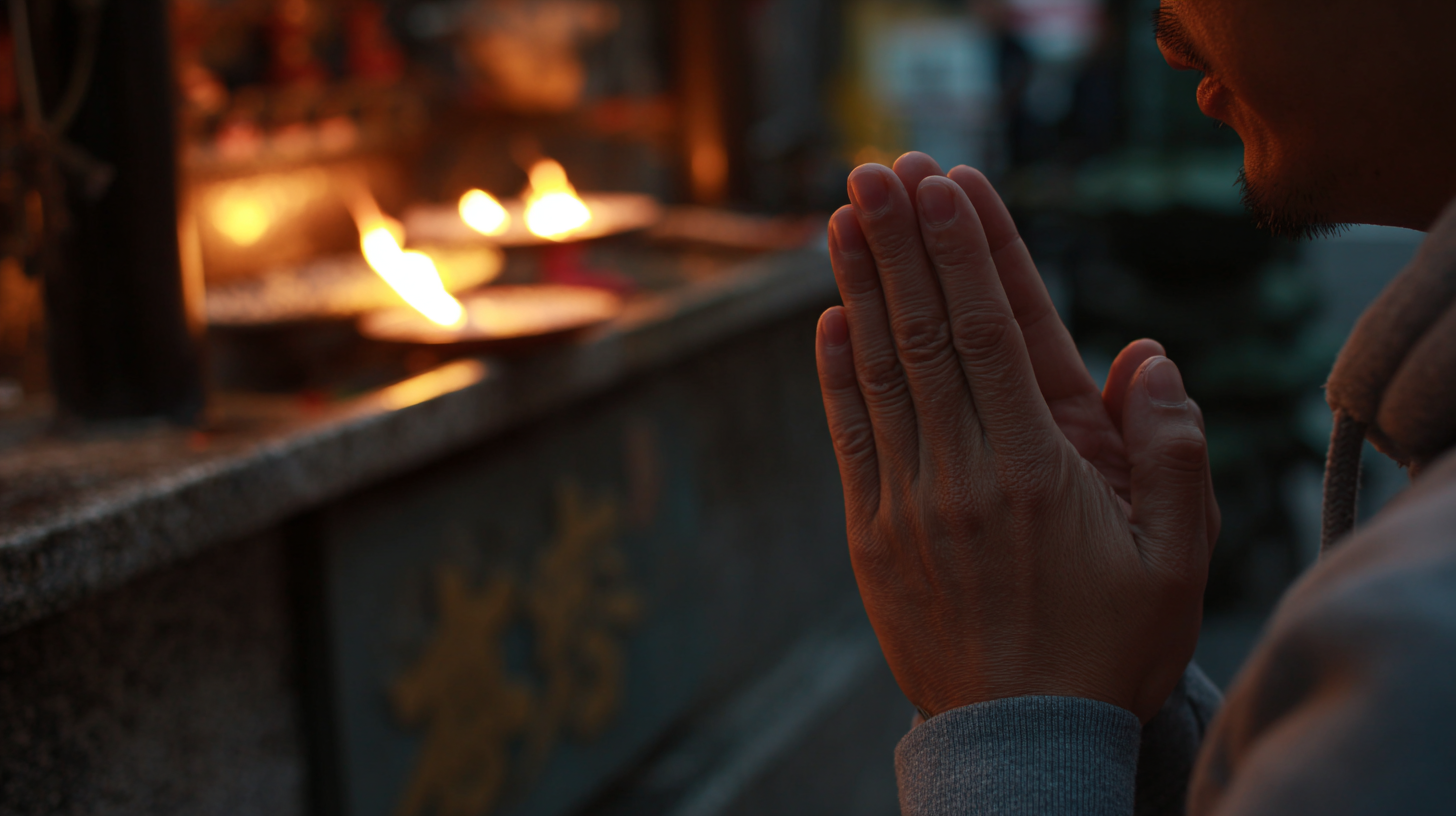 Close-up of hands performing a wai gesture near a shrine.