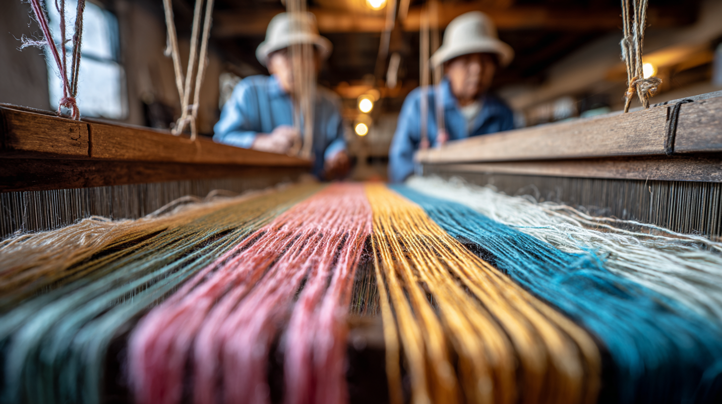 Close-up of colorful weaving threads with blurred artisans behind.