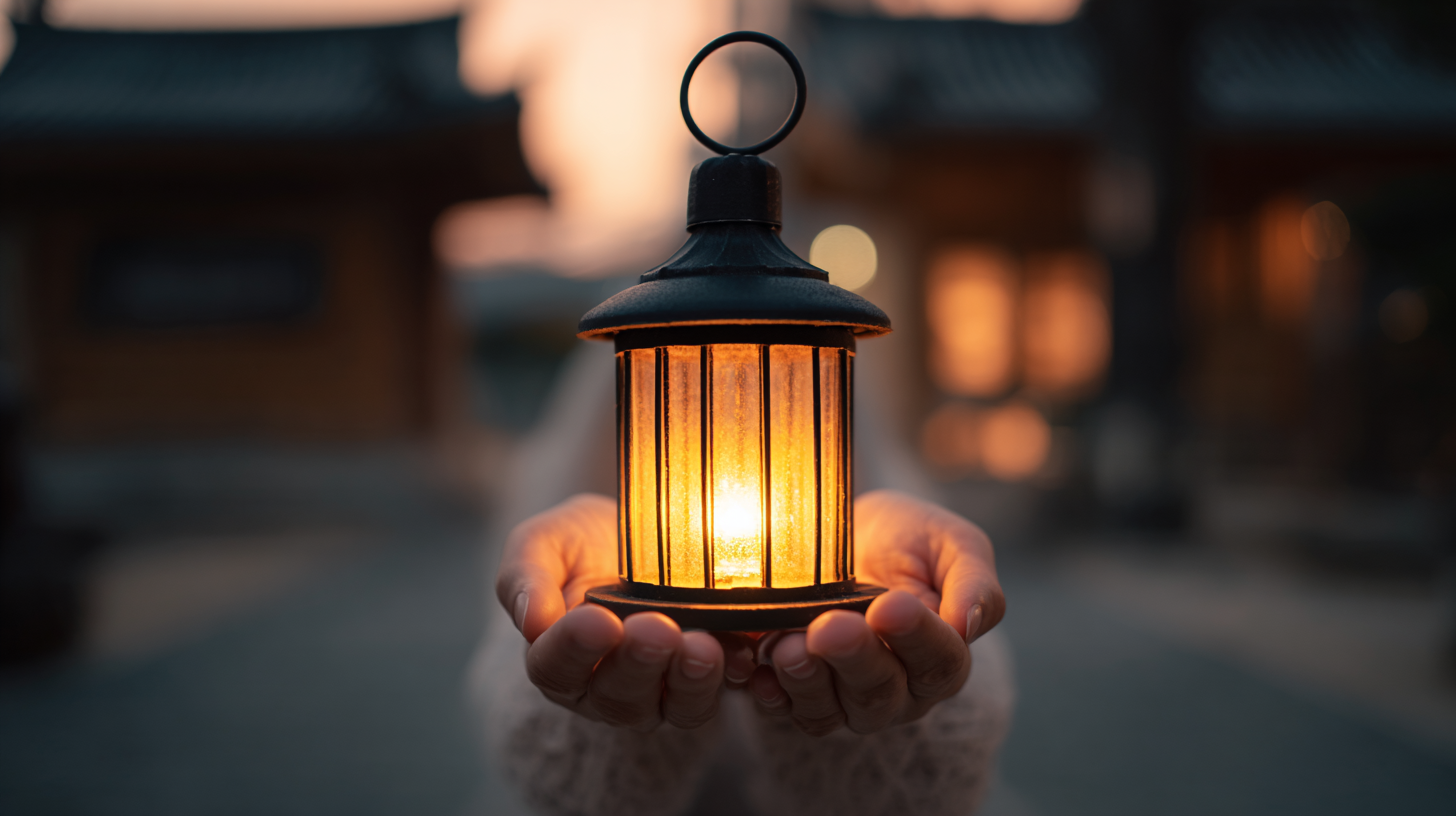 Close-up of hands holding a softly glowing lantern.