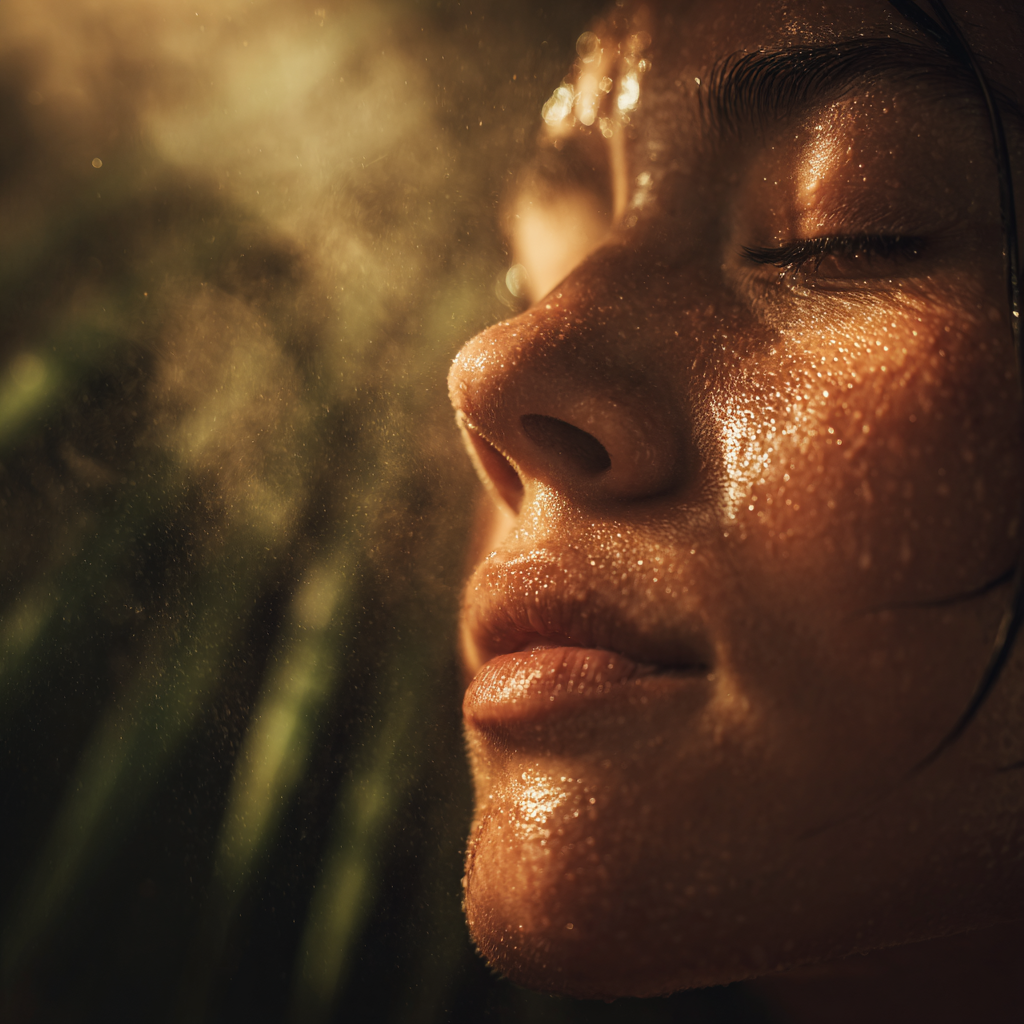 Close-up of warm spa light and herbal steam with soft tropical tones.