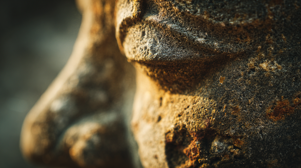 Close-up of weathered Thai stone carving in soft golden haze.