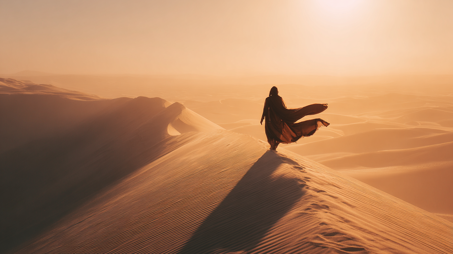 A desert traveler walking along a sunlit dune in Thar or Cholistan.