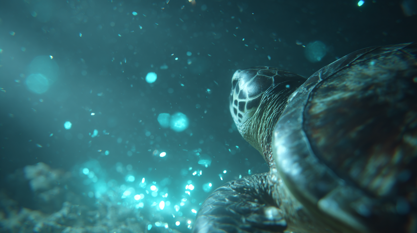 Close-up underwater view of a turtle with soft turquoise light.