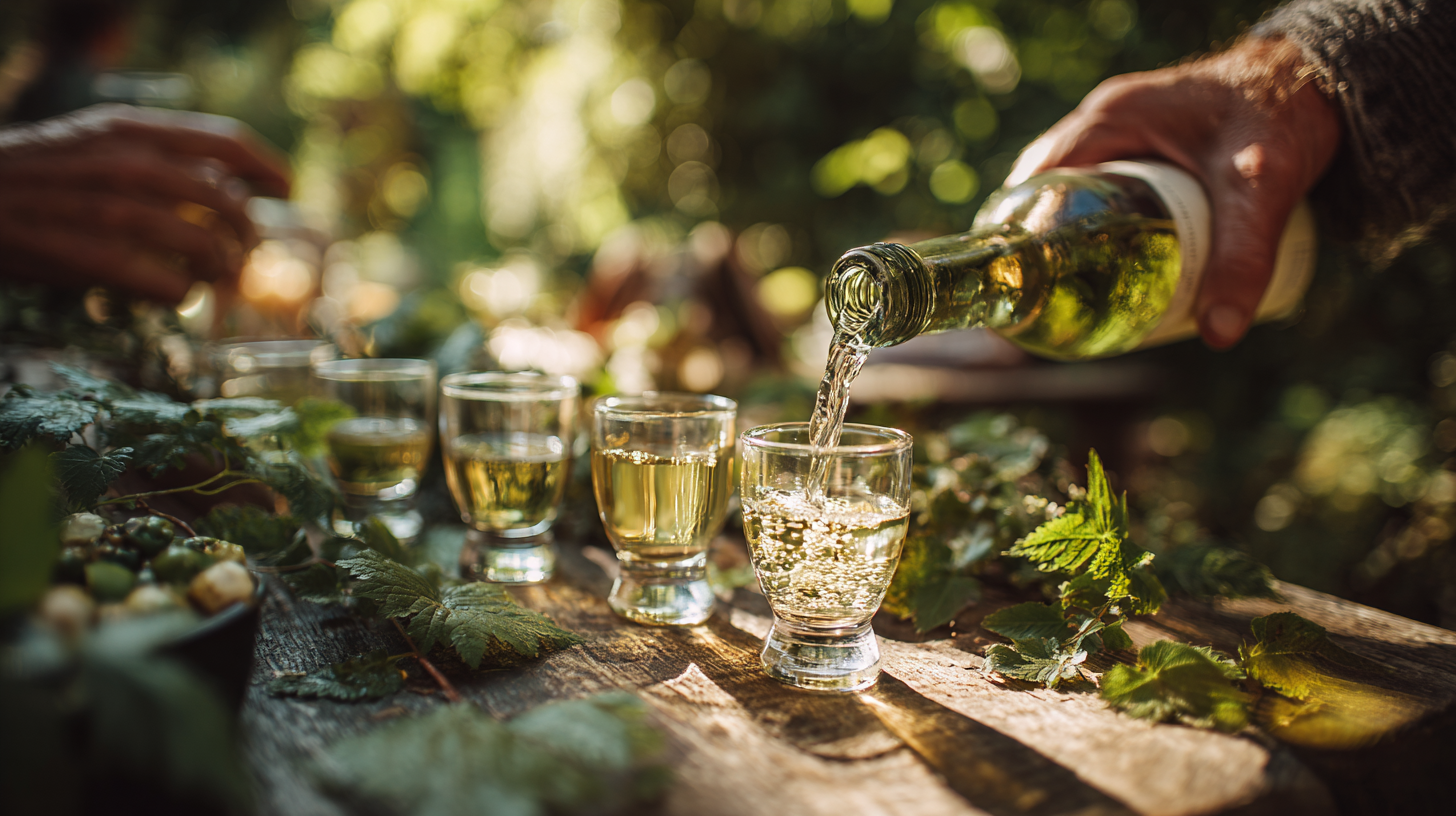Close-up of Vinho Verde being poured outdoors.