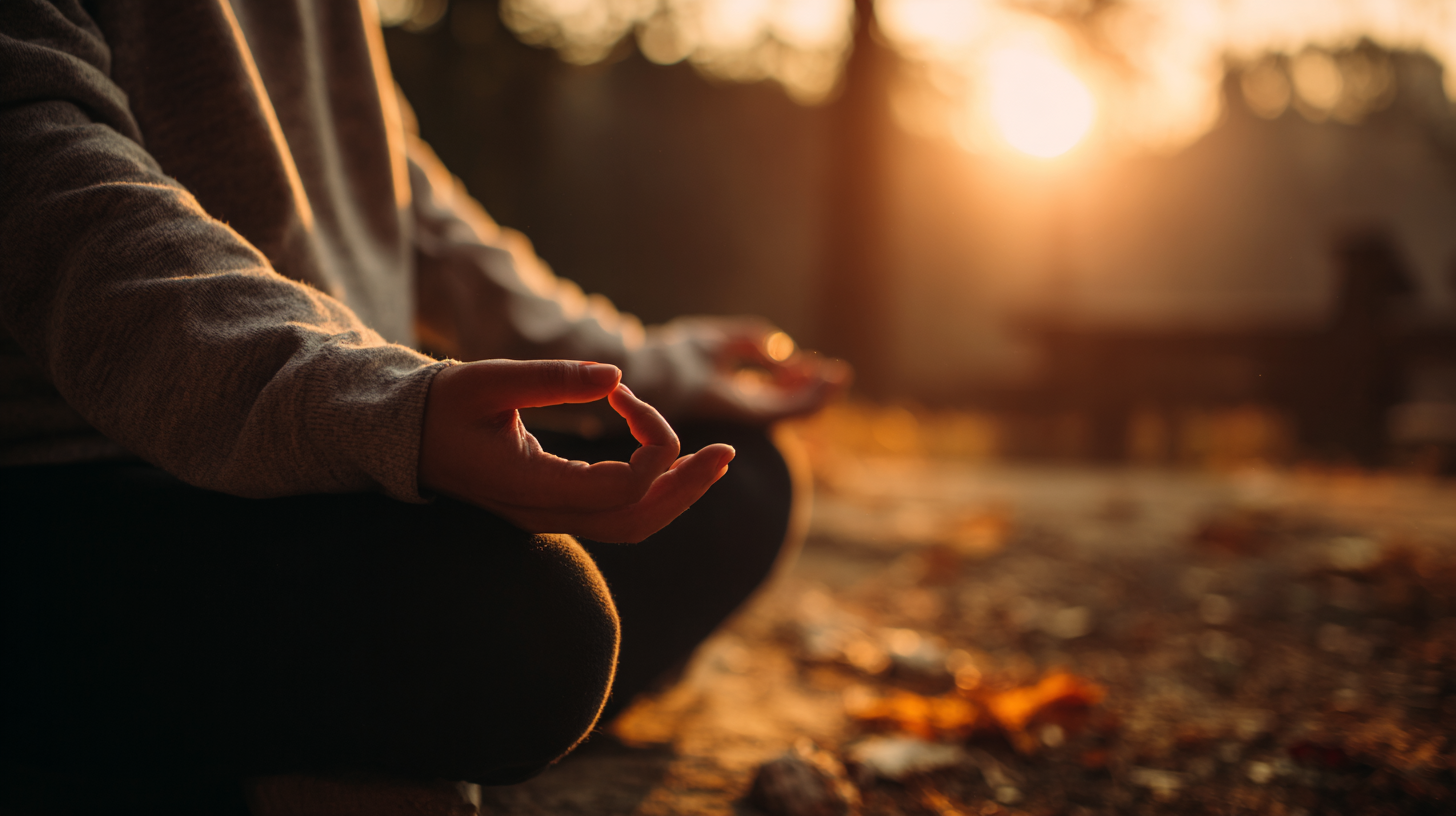 Close-up of meditative hands with warm sunrise light.