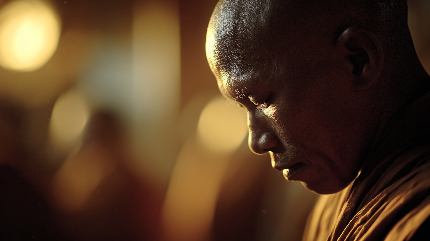 Close-up of a monk’s head and shoulders in serene meditation.