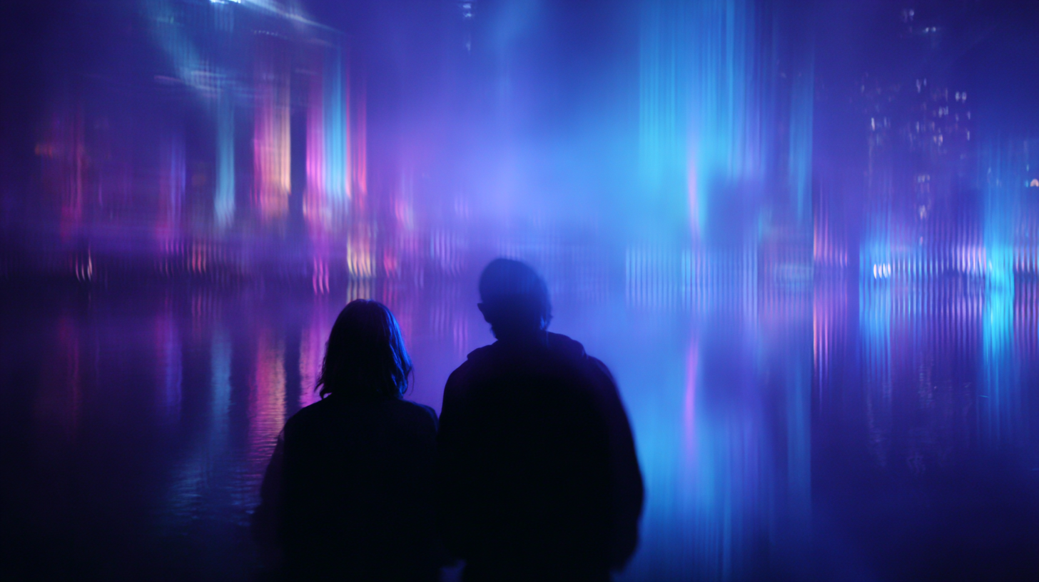 Close-up of colorful Sydney light projections reflecting on silhouettes.