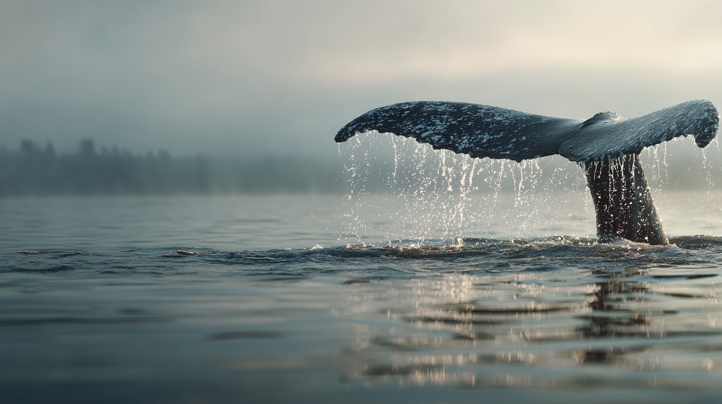 Close-up of a whale tail emerging from calm water at dawn.