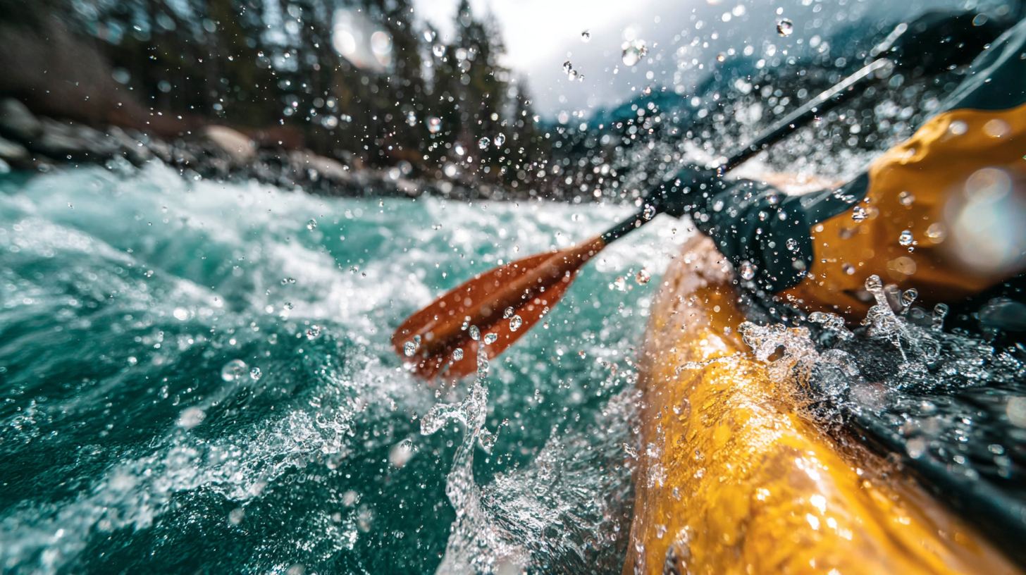 Close-up of a paddle cutting through white-water rapids.