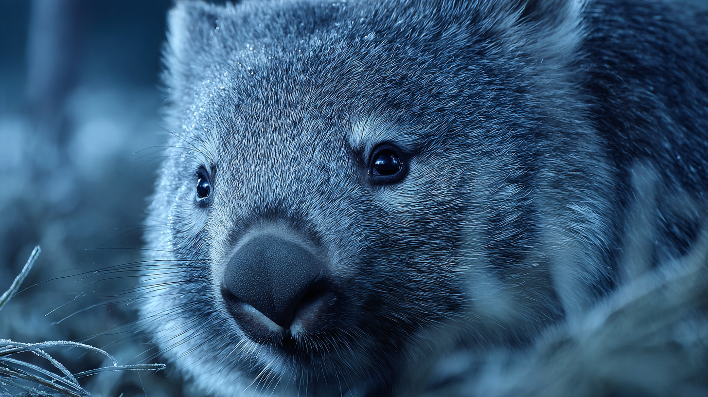 Moonlit close-up of wombat fur and features in soft grass.