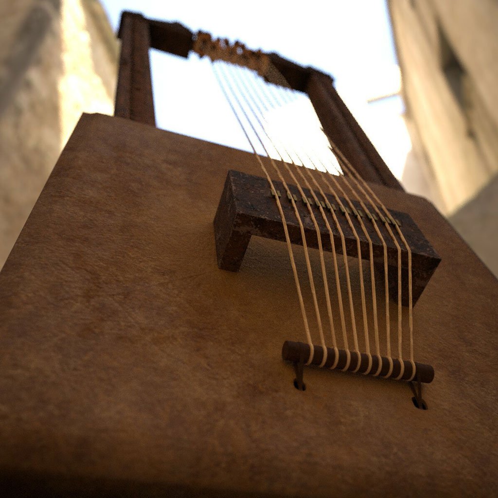 A close-up of the 'begena,' a large ten-stringed lyre used in religious ceremonies.