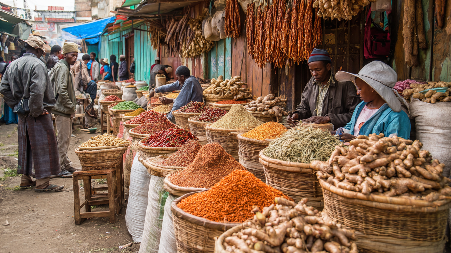 Spice and produce stalls in Addis Ababa’s Merkato market.