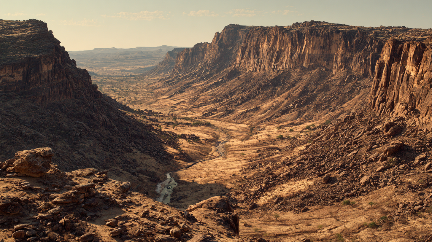 Rugged geological formations of Ethiopia’s Awash Valley, a key paleoanthropological site.