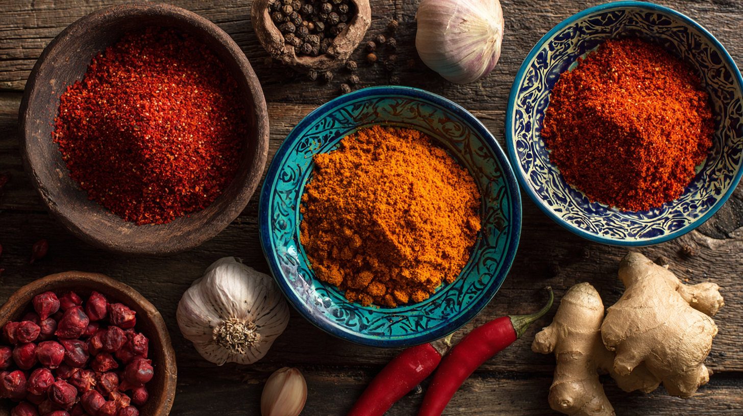 Bowls of berbere and mitmita surrounded by traditional Ethiopian spice ingredients.