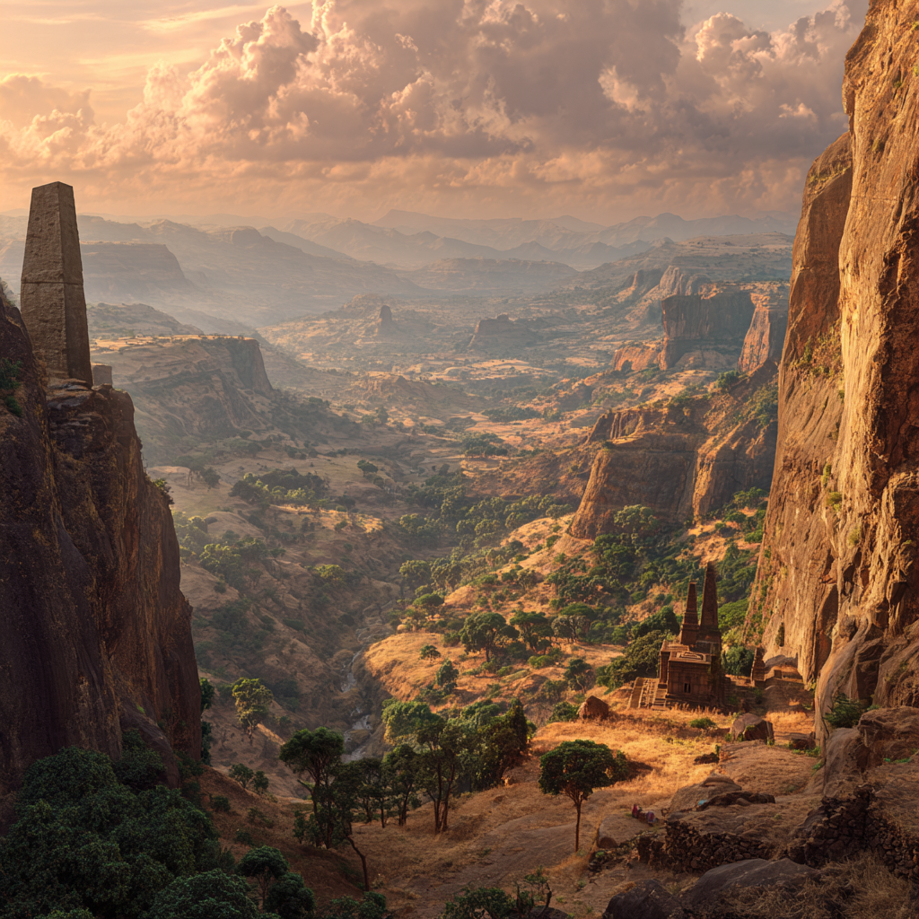 A panoramic composition blending Ethiopia’s major archaeological landmarks.