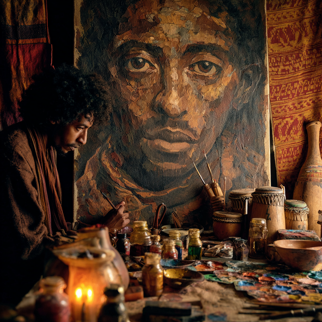 Close-up portrait of an Ethiopian artist with traditional creative tools.