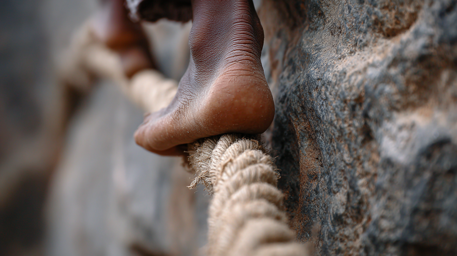 Close-up of feet climbing a narrow cliff ledge toward a remote monastery.