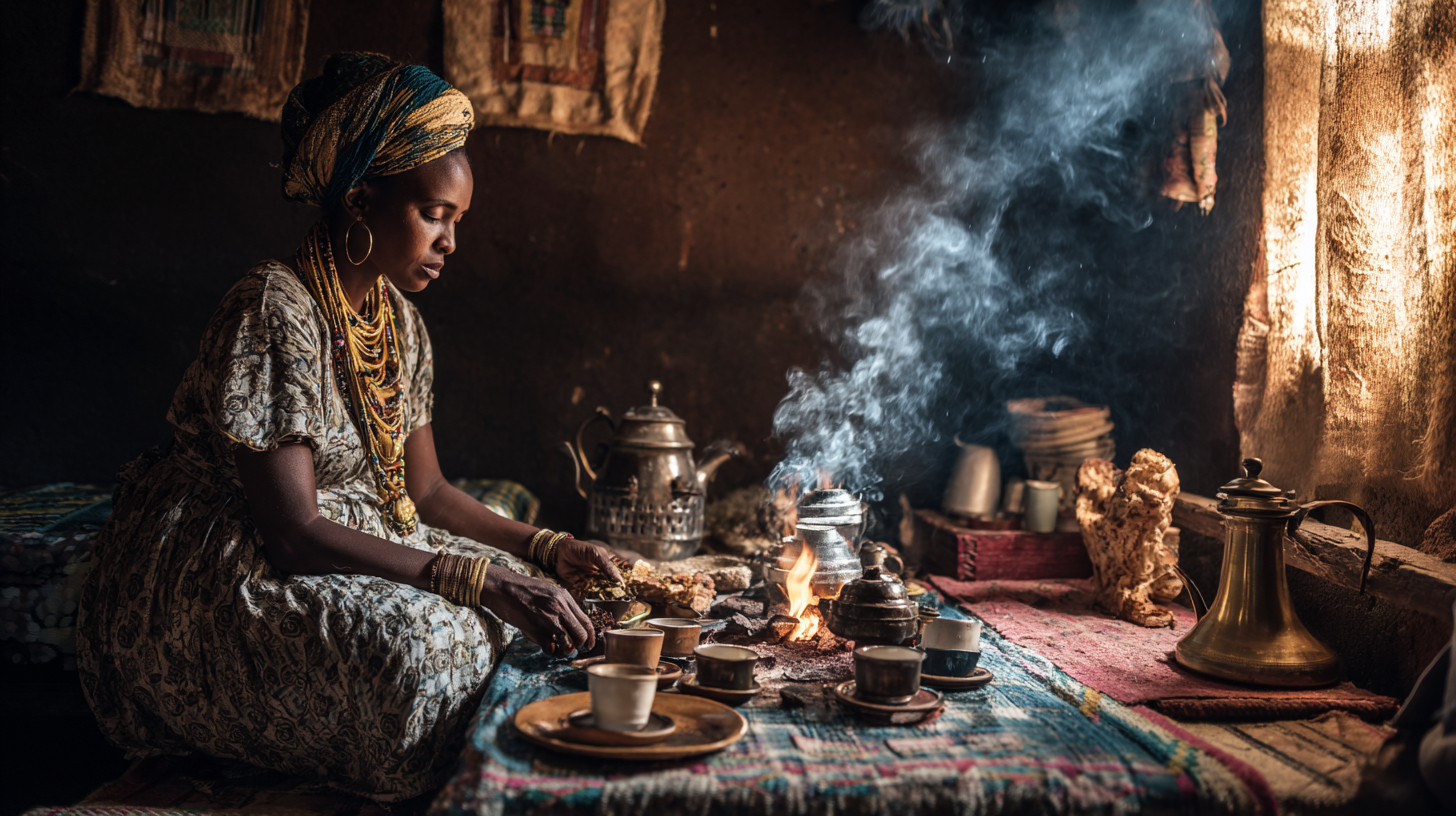 A traditional Ethiopian coffee ceremony with roasting beans and a jebena pot.