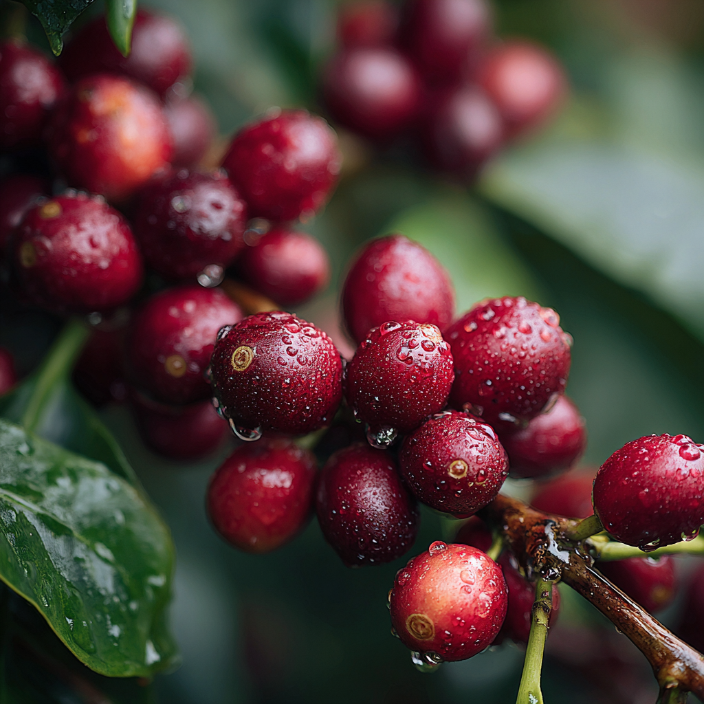 Close-up of ripe Ethiopian coffee cherries growing in the highland forests.