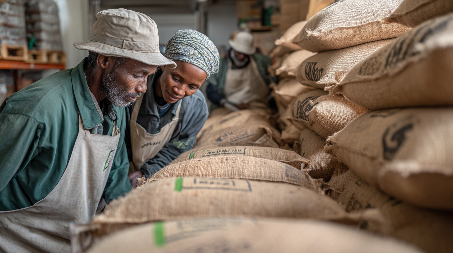 Ethiopian coffee bags prepared for export by cooperative farmers.