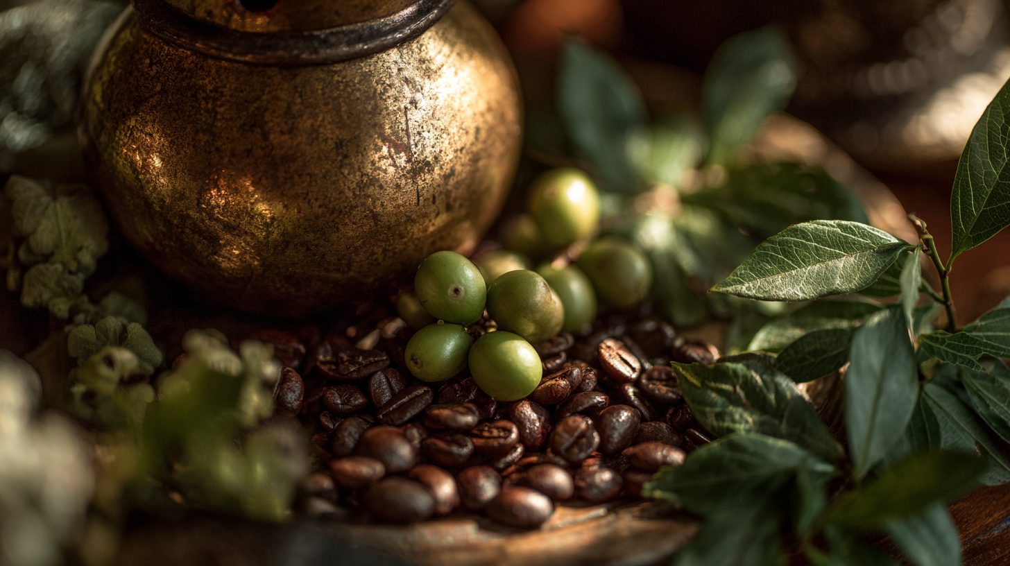 Still-life of Ethiopian coffee elements representing the country’s coffee heritage.