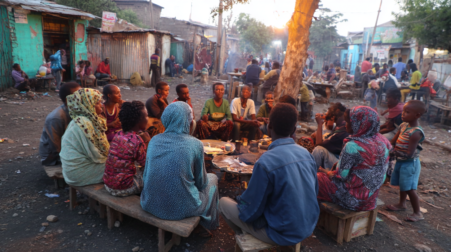 Ethiopian community sharing coffee and conversation in an outdoor gathering.